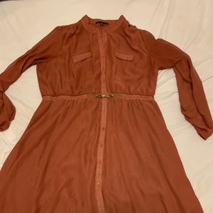 Fuchsia silk 3/4 sleeve dress with golden trimming